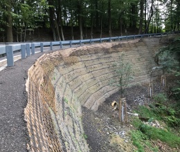 Troskovice, Silnice III/28115, strmý svah z vyztužené zeminy